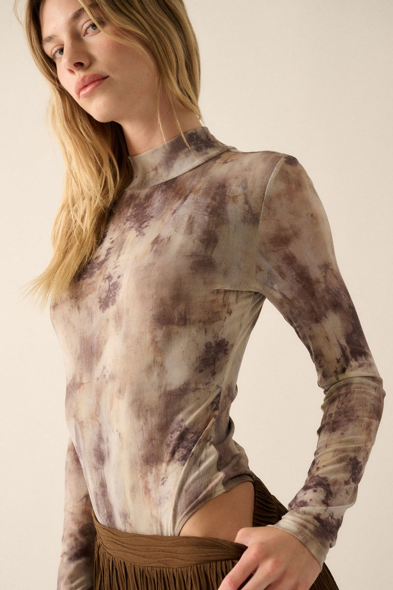 Abstract Print High Neck Bodysuit Espresso