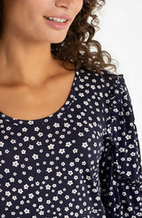 Ruffle Sleeve Printed Knit Top Navy + White Ditsy