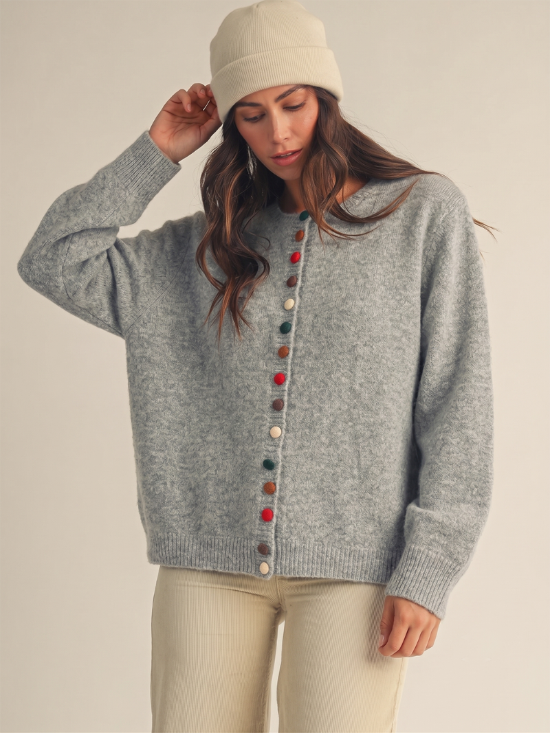 Multicolor Holiday Button Cardigan Grey