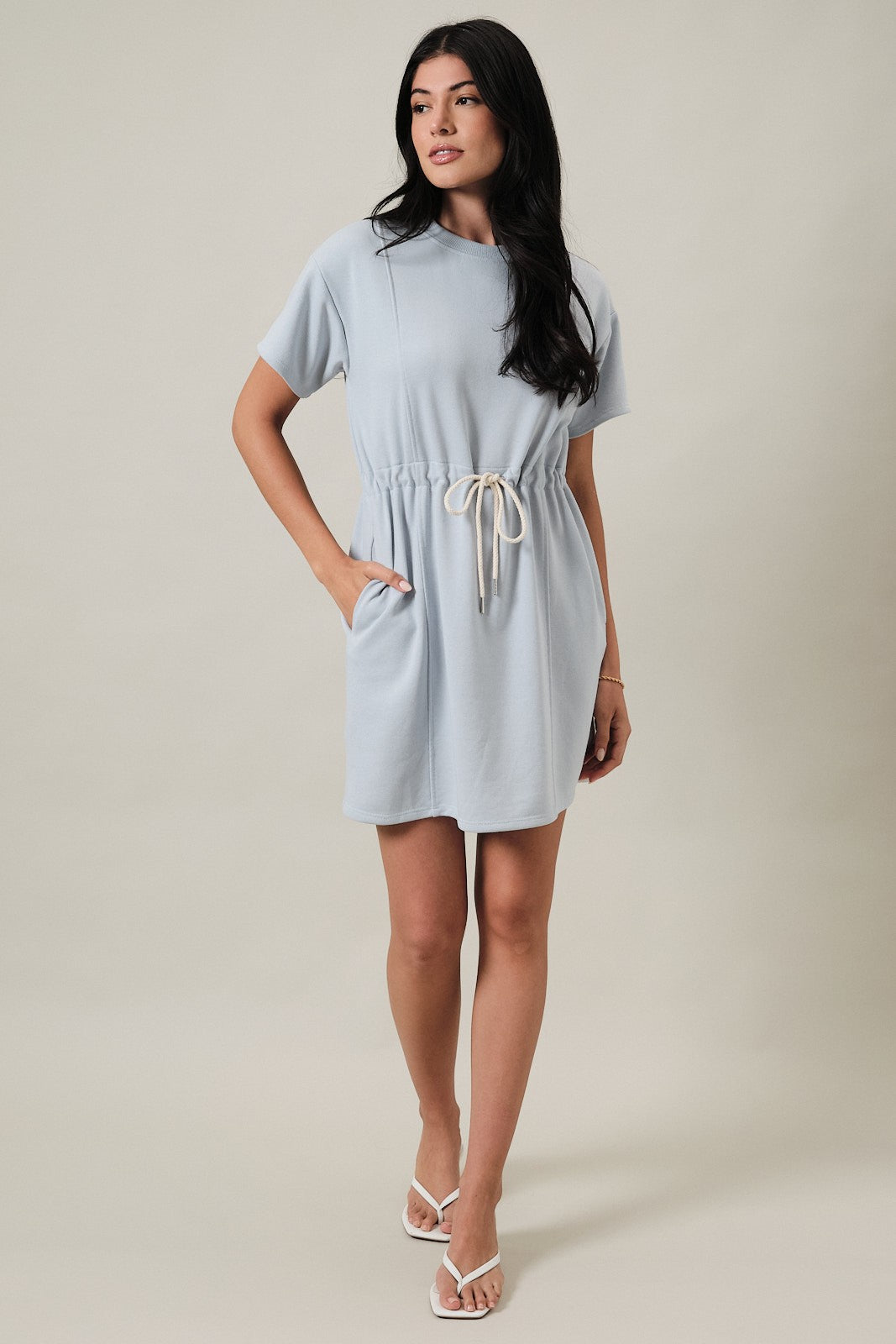 Round Neck Short Sleeve Waist Tie Mini Dress Sky Blue