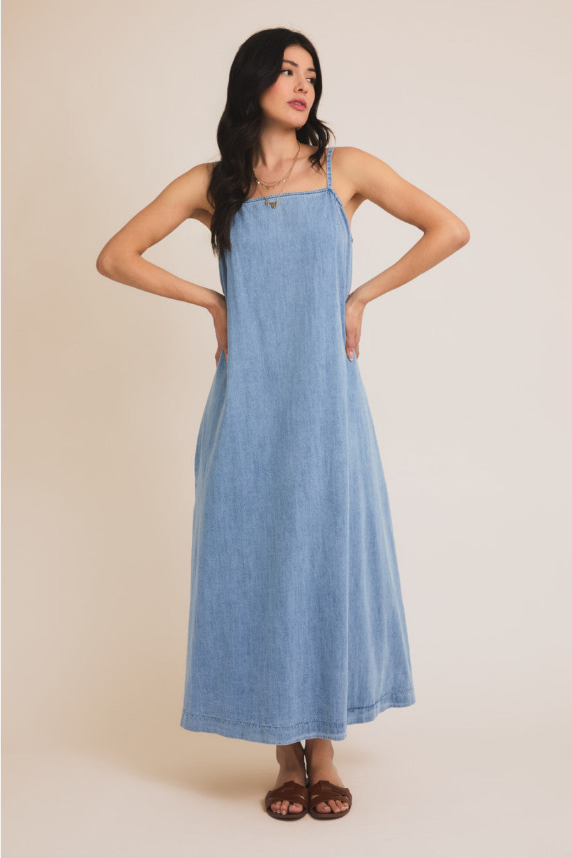 Sleeveless A Line Denim Maxi Dress Denim