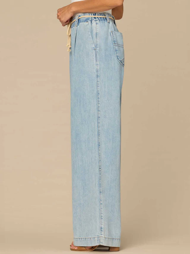 Skyrise Pleated Rope Belt Wide Leg Pants Light Blue