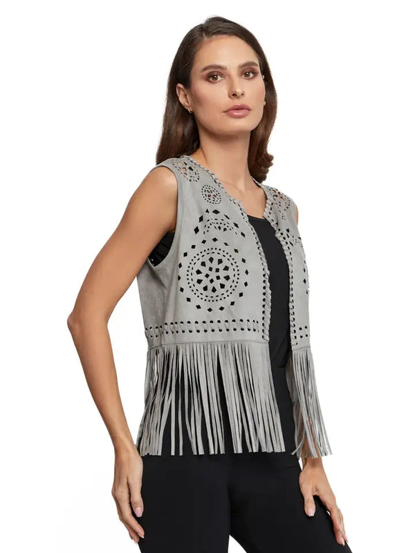 Suede Whipstitch Lasercut Fringe Vest Grey