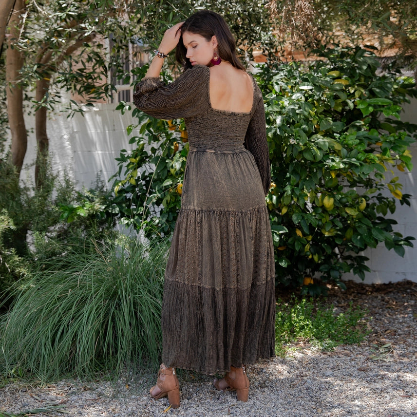 Embroidered Empire Mid Length Long Sleeve Dress Amber