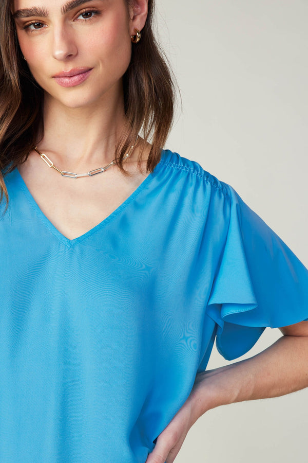 Vneck Flutter Sleeve Top Neon Blue