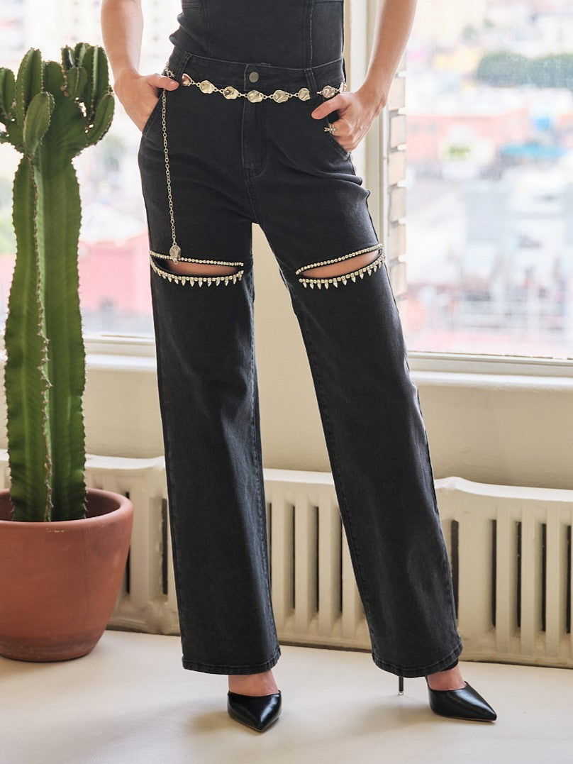 Cut Front Crystal Washed Denim Jeans Black