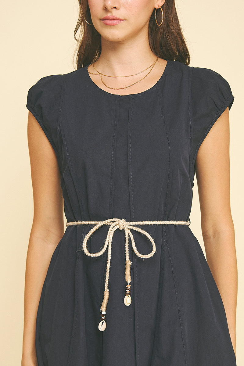 Rope Belt Stitched Seam Detail Midi Dress Navy