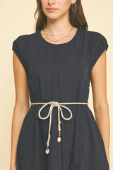 Rope Belt Stitched Seam Detail Midi Dress Navy