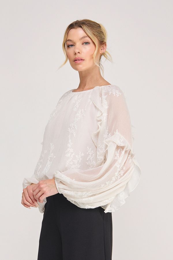 Embroidred Textured Ruffle Detail Blouse Off White