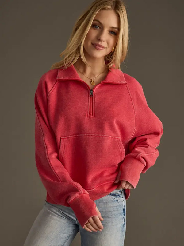 Cropped Funnel Neck 1/4 Zip Sweatshirt Red