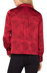 Hidden Placket Long Sleeve Woven Blouse Dark Red Floral