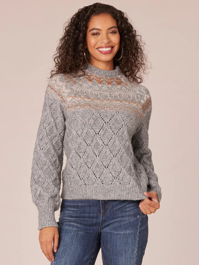 Fair Isle Yoke Pointelle High Neck Sweater Heather Grey + Brown