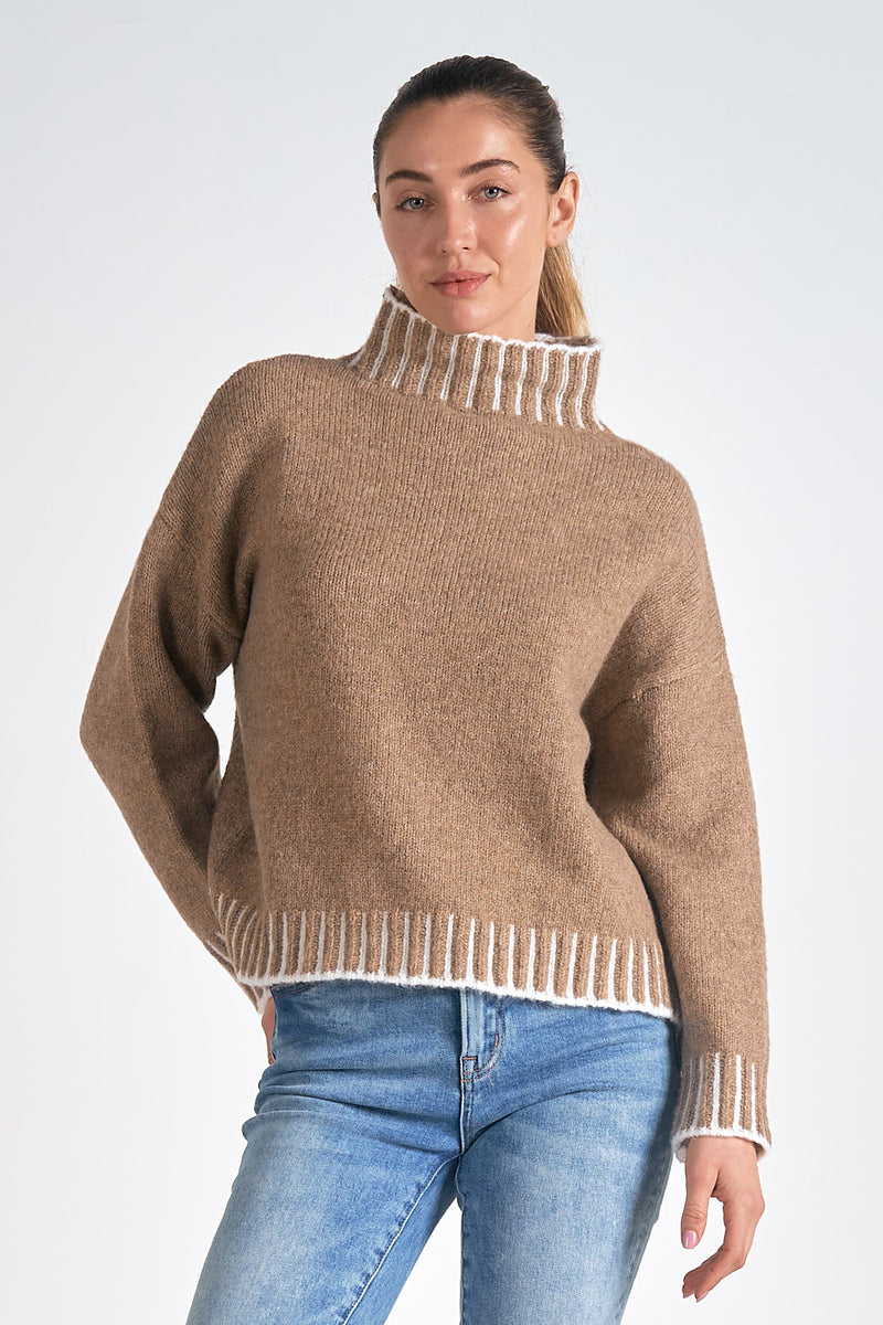 Striped Detail Hem Turtleneck Sweater Tan