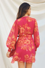 High Roller Long Sleeve Mini Wrap Dress Camellia Rose