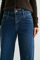 Clean Hem Angled Seam Waist Detail Jeans Dark Denim