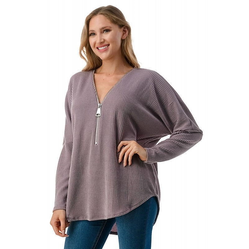 Dolman Zipper Top Mauve Mini Rib