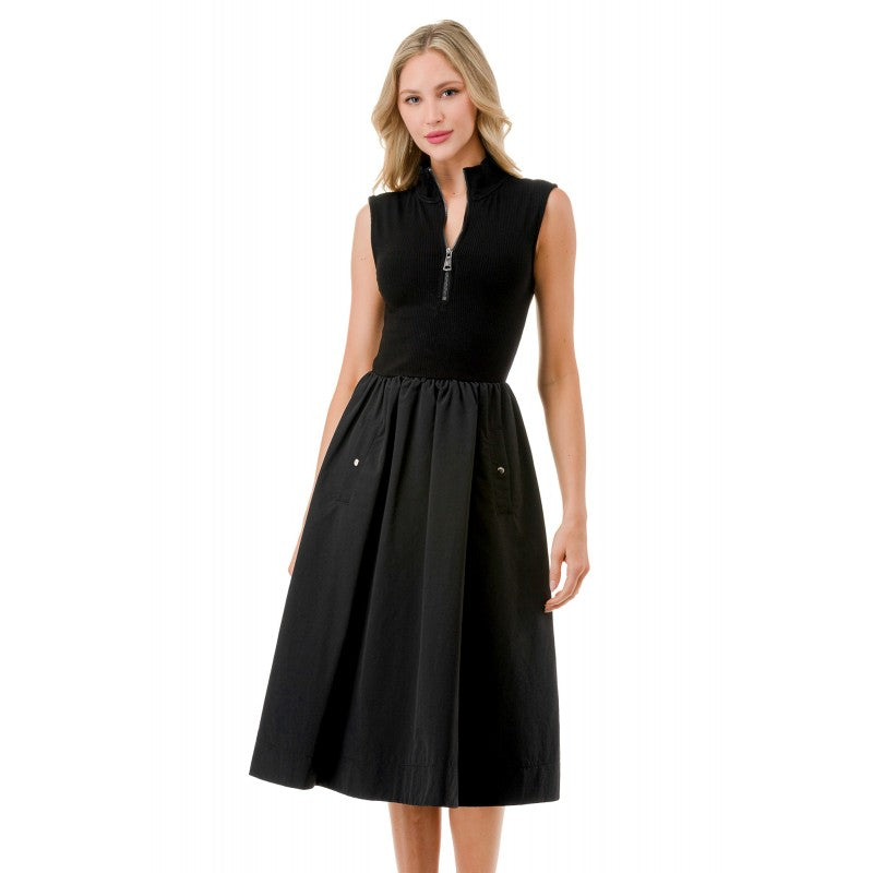Zip Mock Neck Contrast Skirt Midi Dress Black