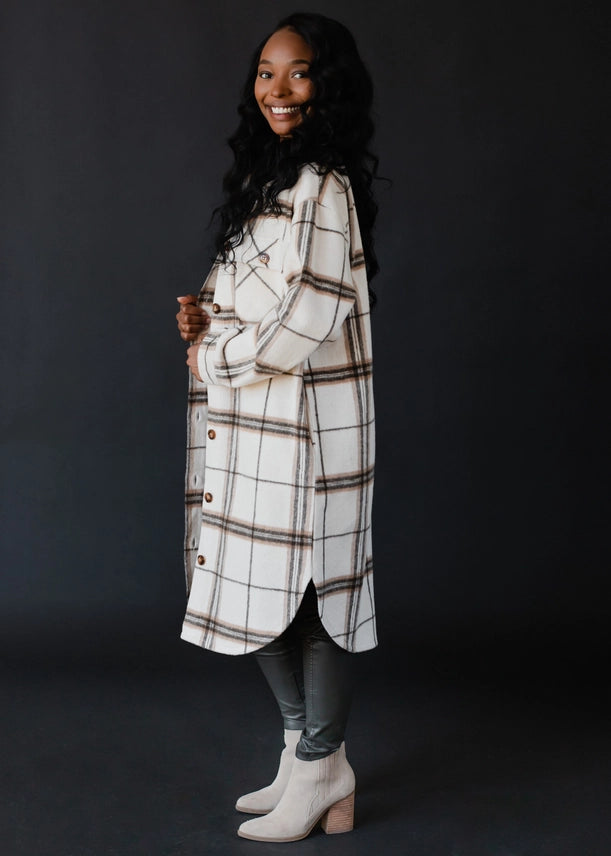 Long Flannel Plaid Jacket Tan + Olive