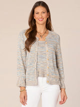 3/4 Flounce Sleeve Space Dye Sweater Cardi Light Blue Multi