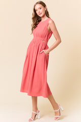 Cotton Gauze Sleeveless Cut Out Waist Midi Dress Coral