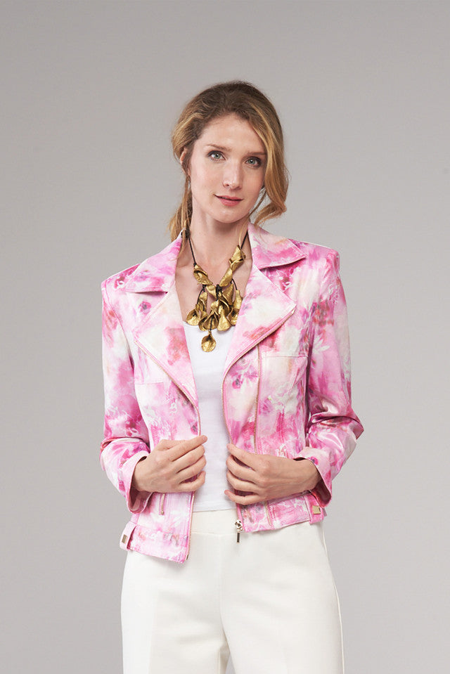 Printed Liquid Leather Zip Jacket Fuchsia Floral