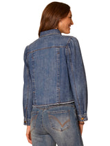 Fray Hem Puff Sleeve Denim Jacket Mid Blue