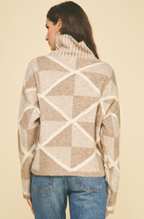 Mixed Squares Diamond Textured Turtleneck Sweater Taupe