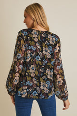 Notch Neck Long Sleeve Floral Blouse Black Multi