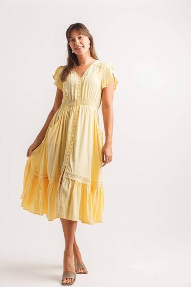 Short Sleeve Button Front Maxi Dress Yellow