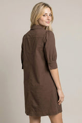 Twill Puff Sleeve Mini Swing Dress Chocolate