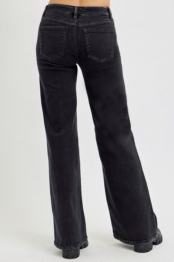 Mid Rise Front Patch Pocket Wide Jeans Black