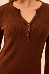 Button Detail Henley Long Sleeve Top Heather Chocolate