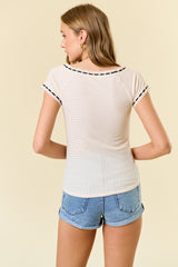Textured Knit Wide Neck Laced Detail Top Cream