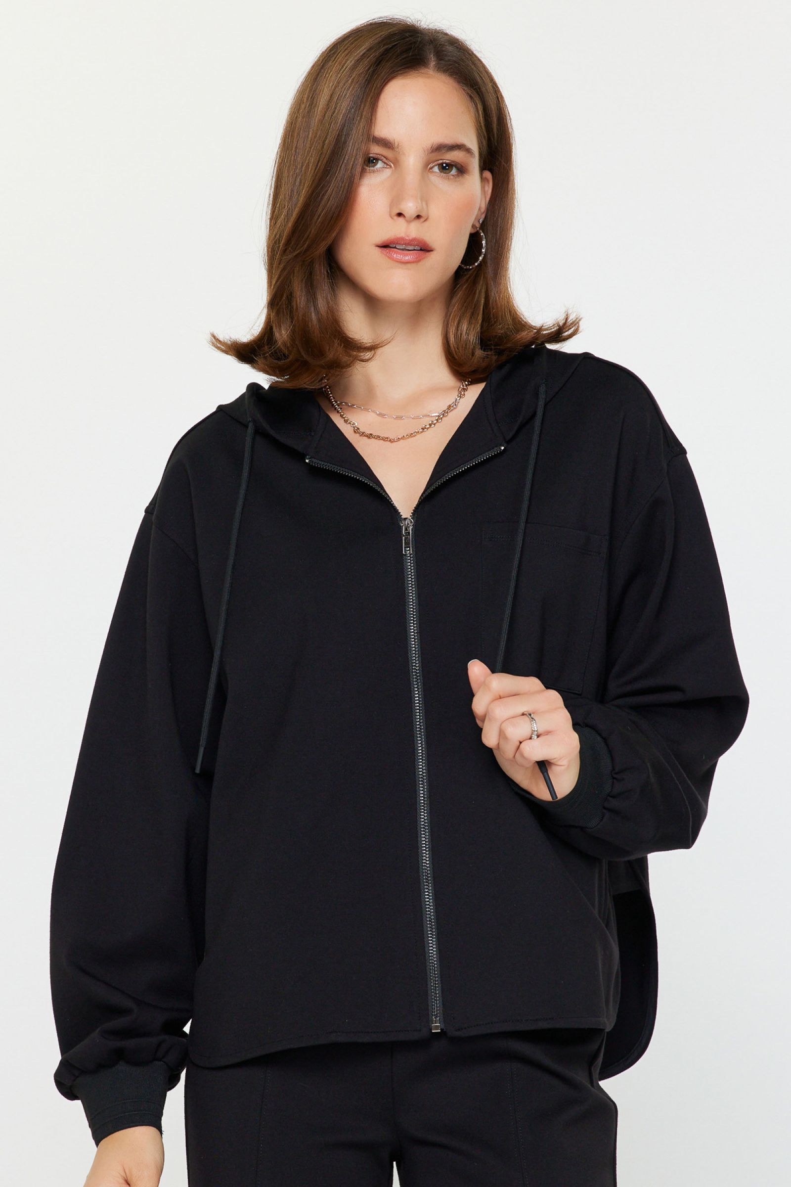 Adjustable Drawstring Hoodie Jacket Black
