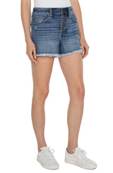 Christine High Rise Exposed Button Fray Hem Shorts Claymont