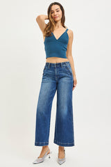 High Rise Crop Wide Leg Button Detail Jeans Dark
