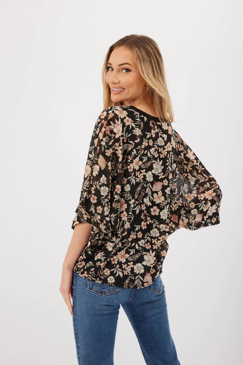 Opal Sheer Kimono Sleeve Top Black + Mustard Floral