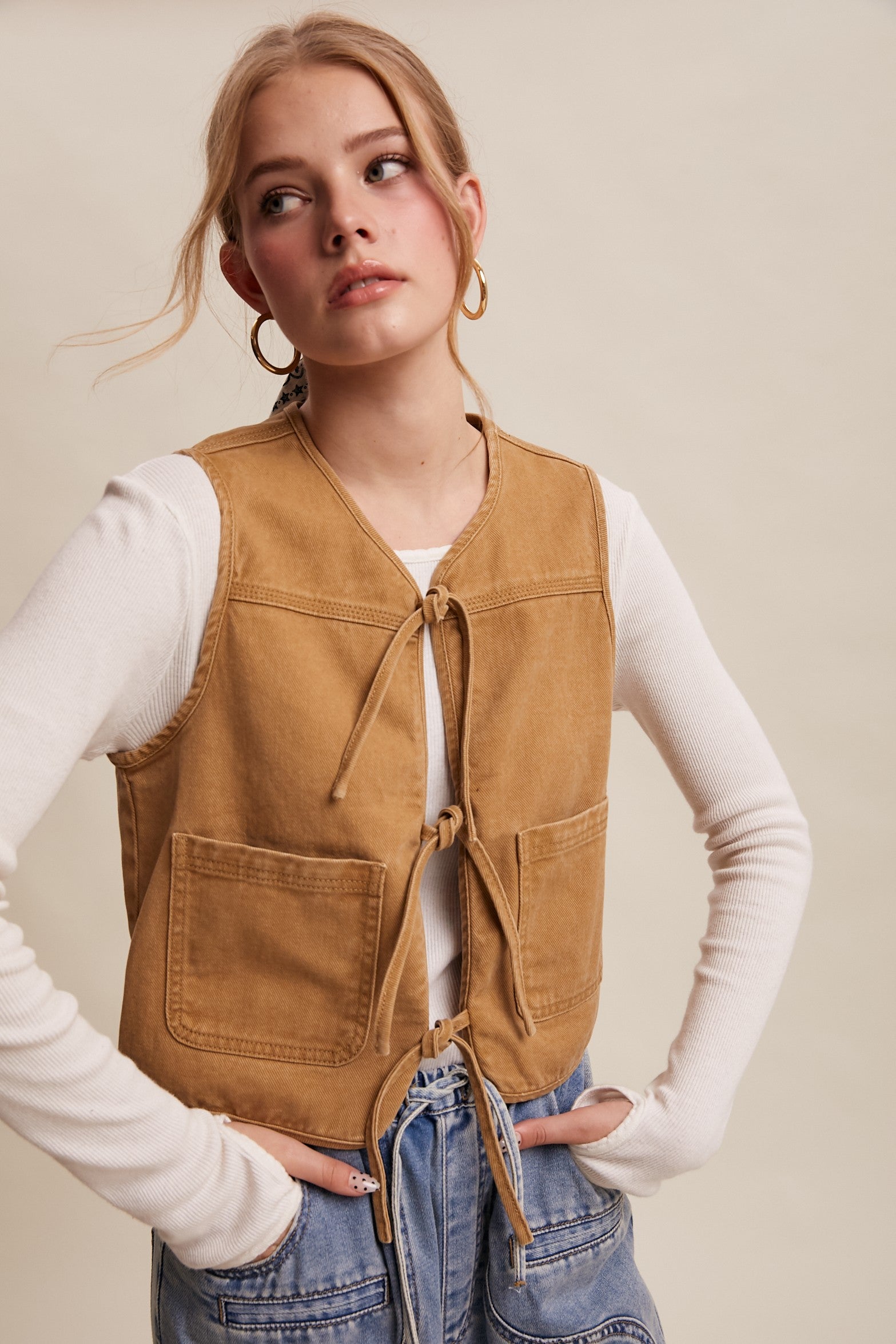 Colored Denim Tie-front Vest Caramel