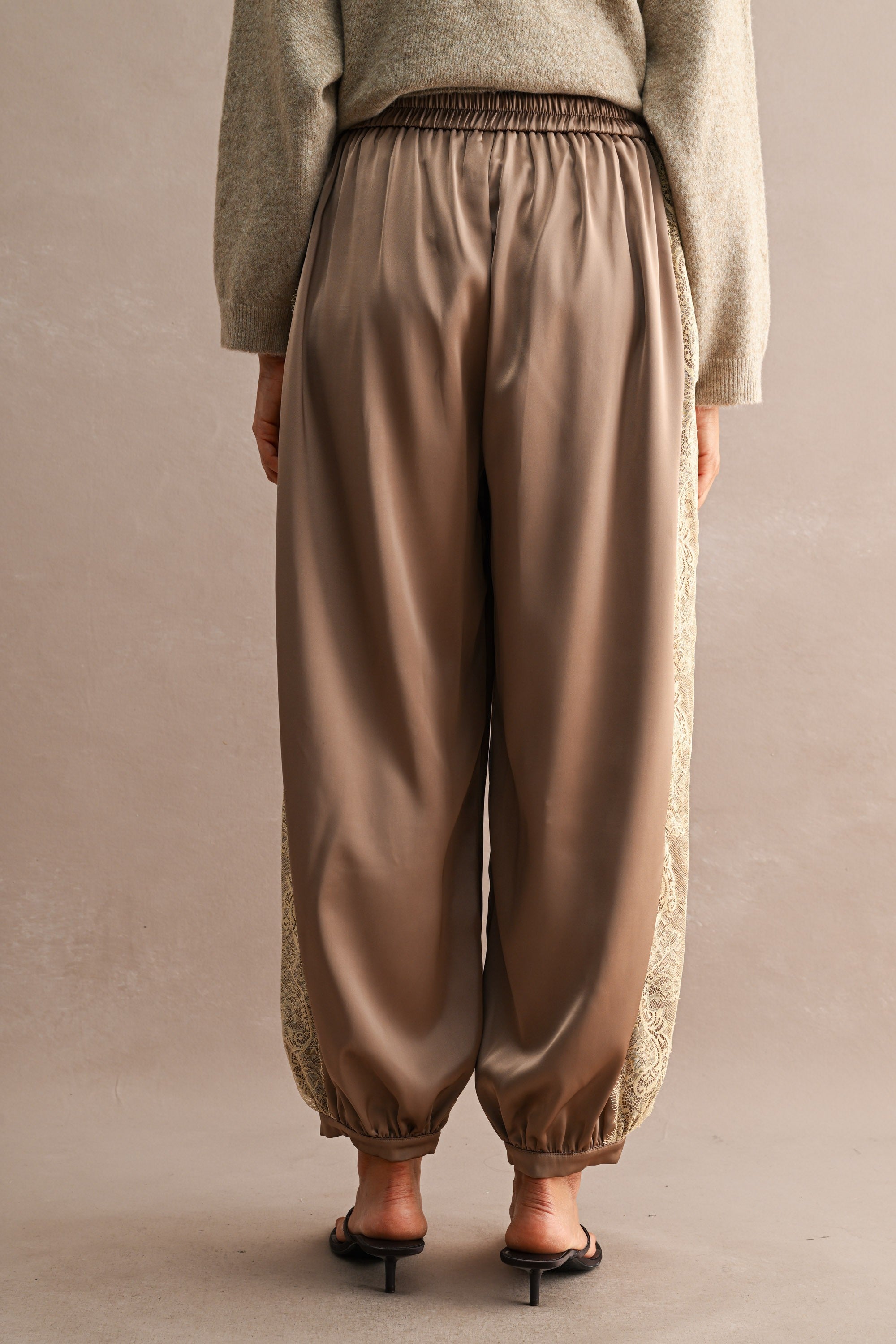 High Waisted Lace Trim Satin Balloon Pants Mocha