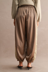 High Waisted Lace Trim Satin Balloon Pants Mocha
