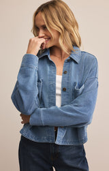 All Day Cropped Knit Denim Jacket Vintage Indigo