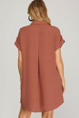 Drop Shoulder Button Up Woven Shirt Dress Cinnamon