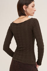 Floral Pointelle Lettuce Edge Long Sleeve Top Chocolate