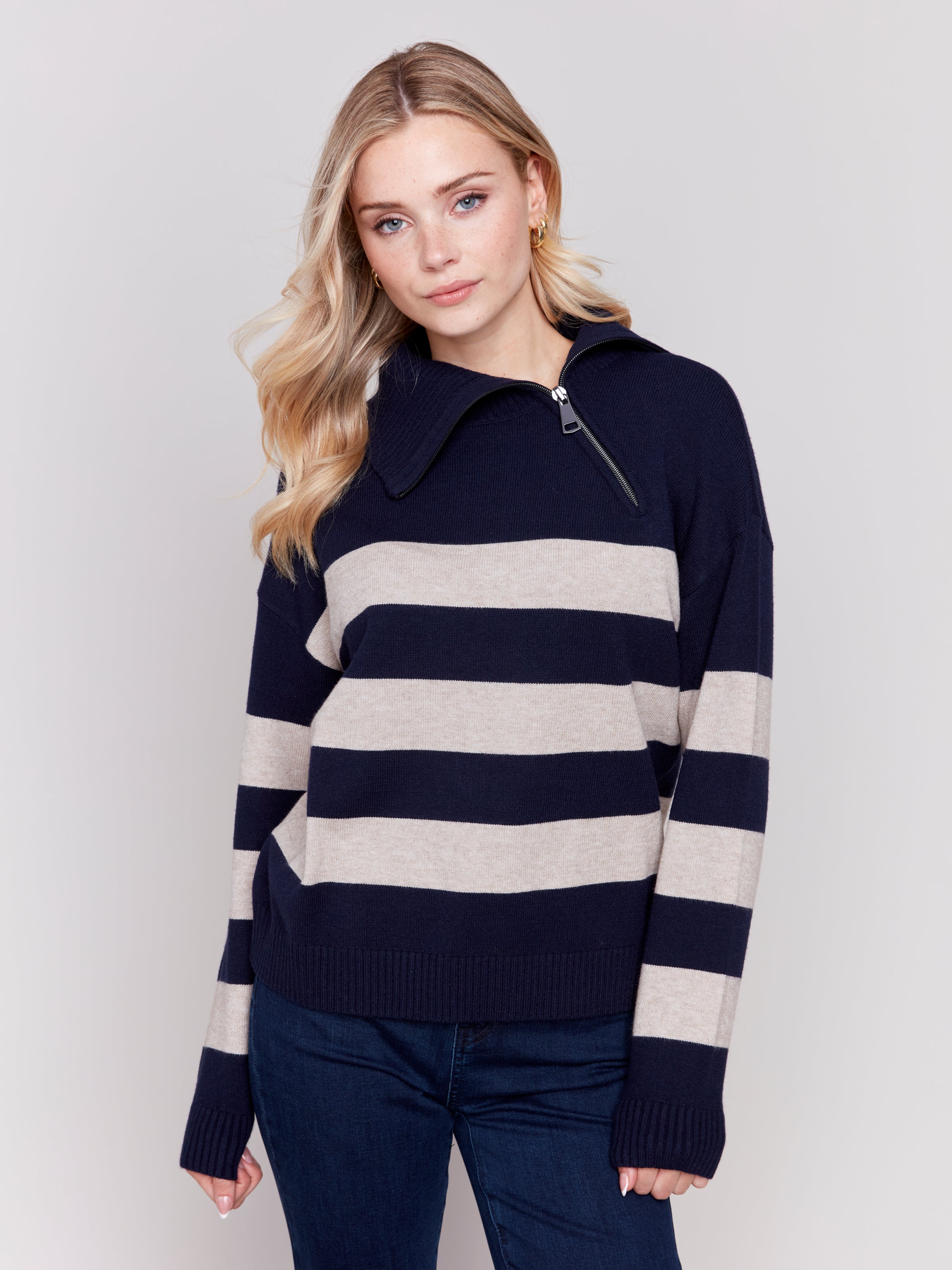 Side Zipper Stripe Turtleneck Sweater Navy
