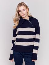 Side Zipper Stripe Turtleneck Sweater Navy