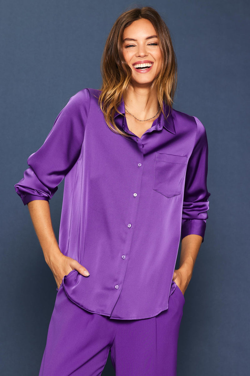 Satin Button Down Single Pocket Shirt Grape