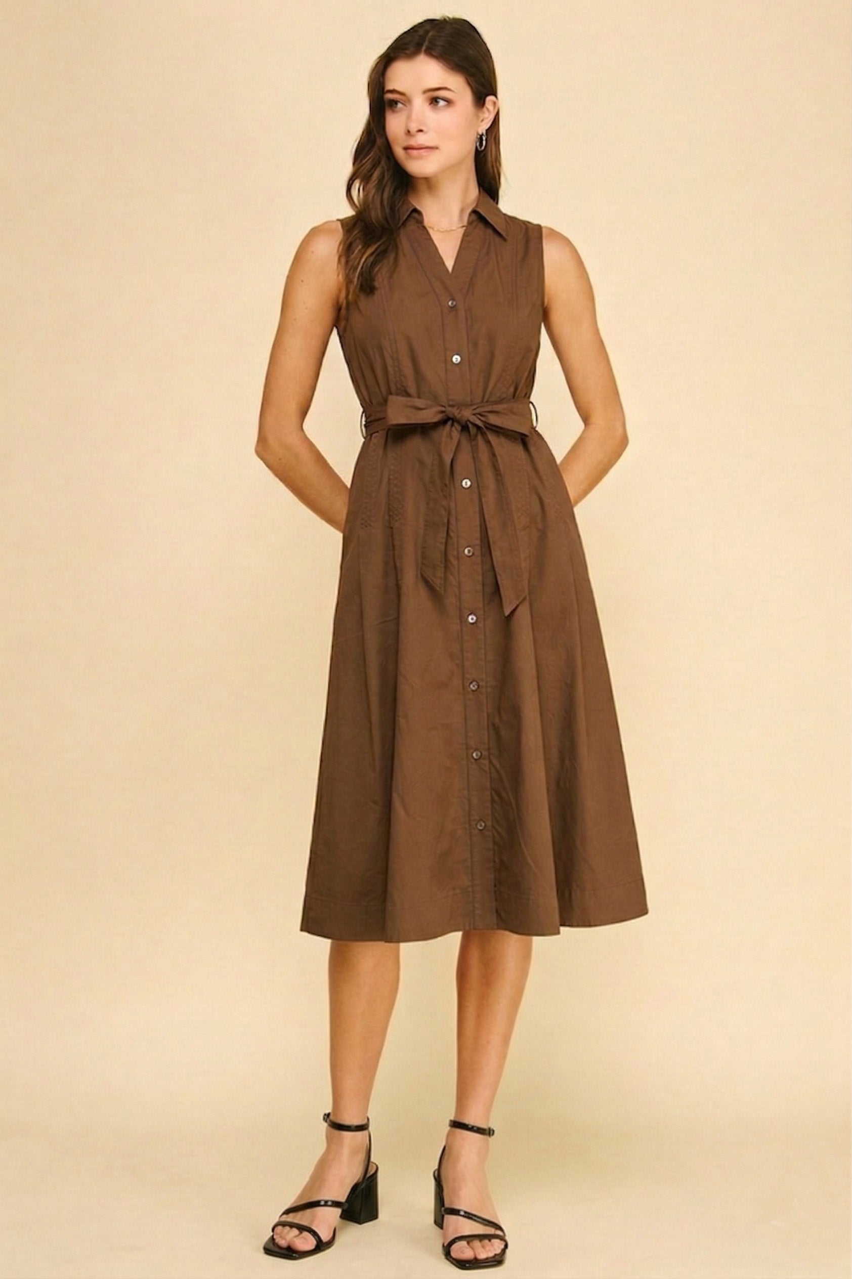 Sleeveless A Line Shirt Dress Mocha