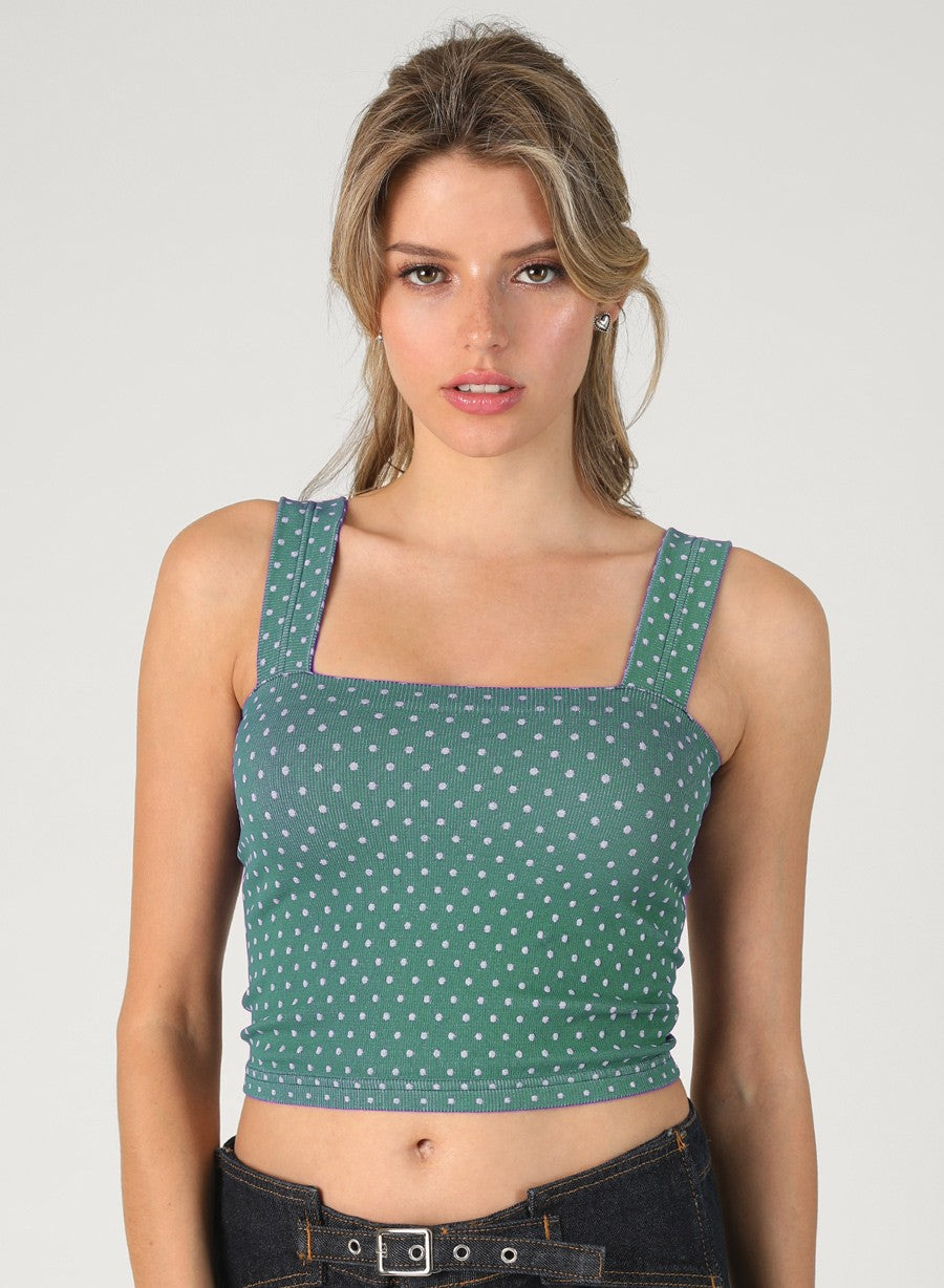 Polka Dot Square Neckline Crop Tank Dusty Teal