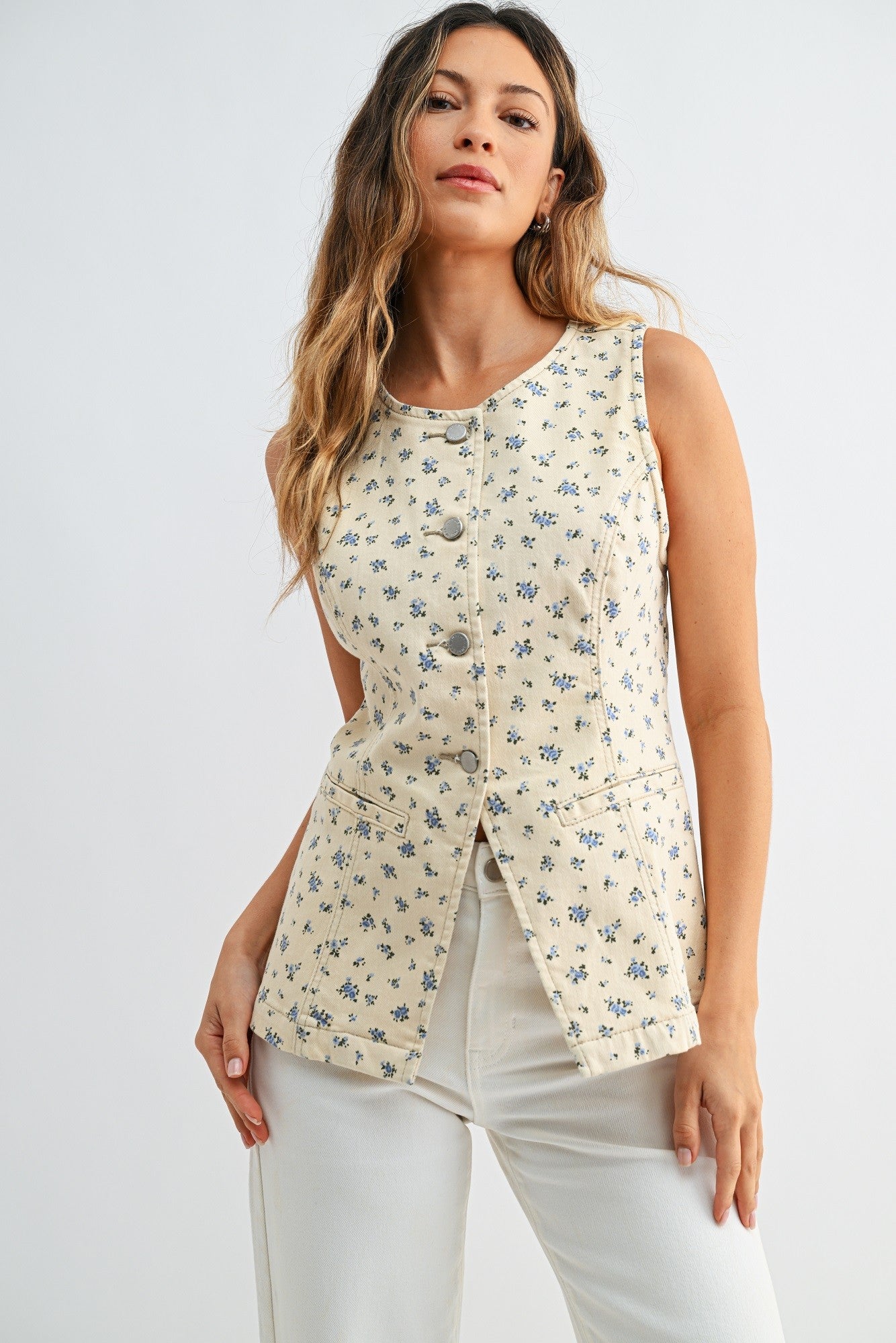 Tailored Denim Vest Flower Print