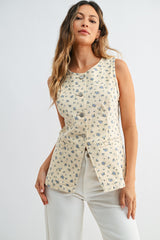 Tailored Denim Vest Flower Print